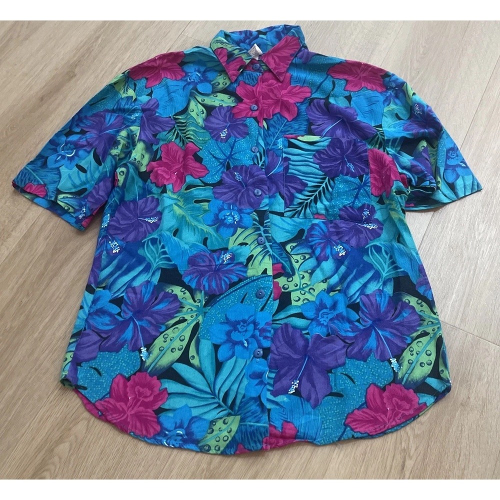 Vintage Bobbie Brooks Hawaiian Shirt Women's Small Button Up Print Multicolor